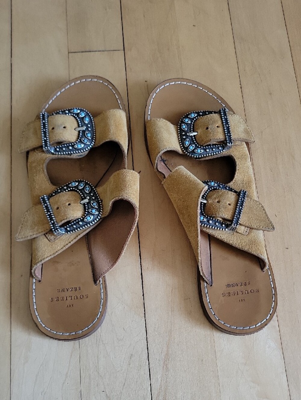 Sezane Jade Low Mules Tan Suede Slide Sandals with Silver Turquoise Buckles - 37 - Picture 5 of 13